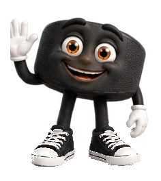 Pucky the smiling hockey puck mascot waving hello